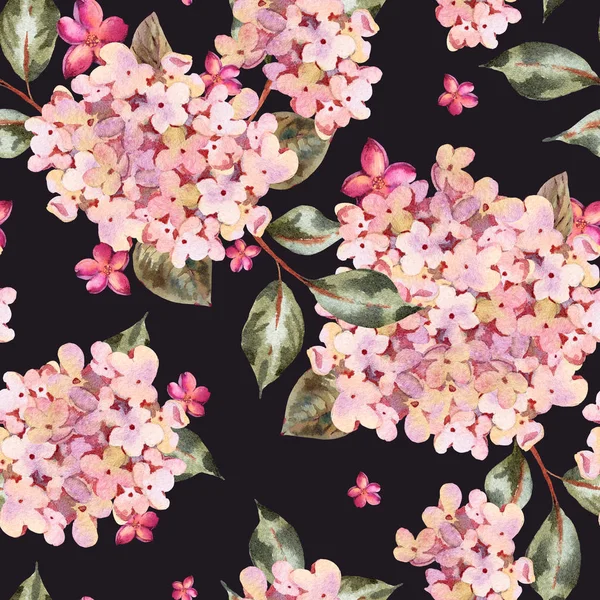 Bezszwowy wzór akwarelowy z różowym hortensją kwitnącą, mały — Zdjęcie stockowe