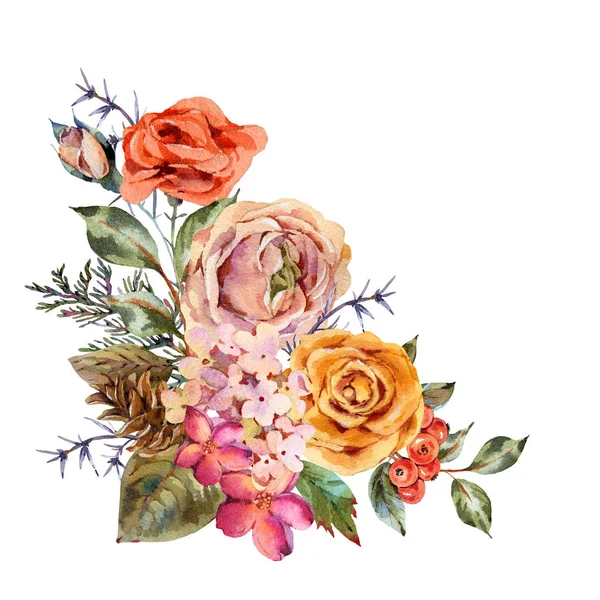 Aquarell Vintage Grußkarte mit Rose, Hortensie, Tannenzapfen — Stockfoto