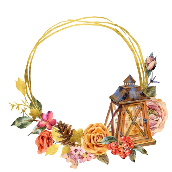 Acquerello cornice in oro floreale con lanterna in legno vintage, rose — Foto Stock