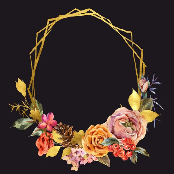 Marco dorado floral de acuarela con rosas vintage y flores silvestres — Foto de Stock