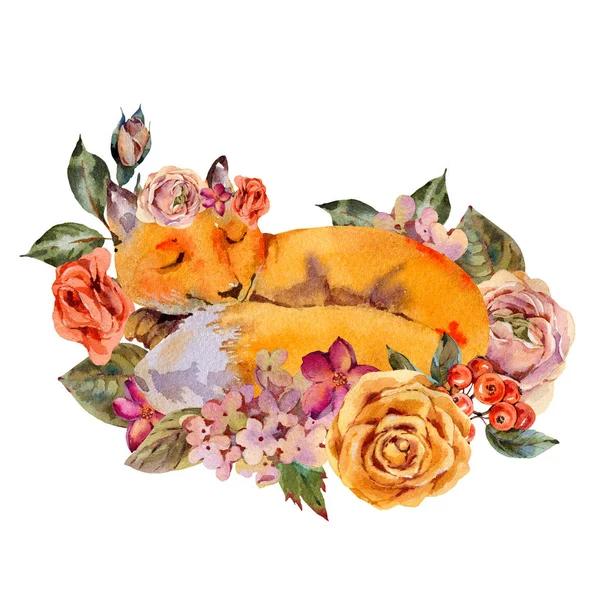 Suluboya tilki tebrik kartı, uyuyan tilki, güller, hidran — Stok fotoğraf