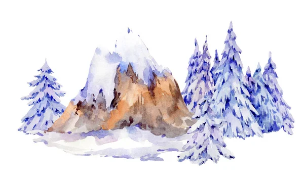 Ilustração de inverno aquarela, montanhas cobertas de neve em s — Fotografia de Stock