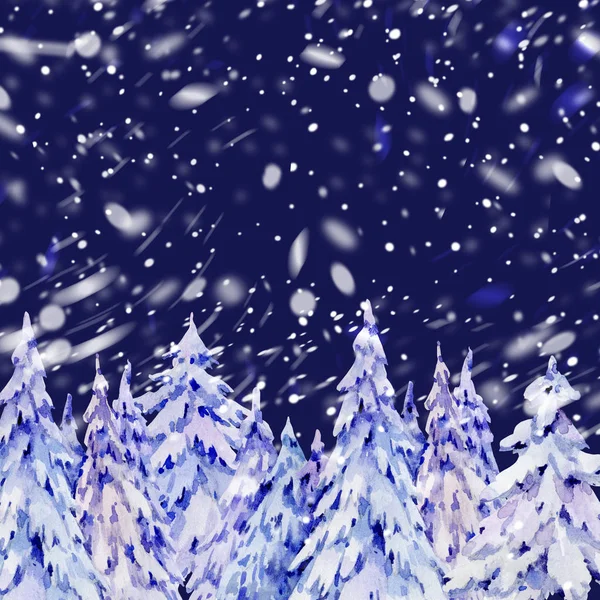 Acquerello naturale invernale bosco biglietto di auguri. Conifere nevoso — Foto Stock