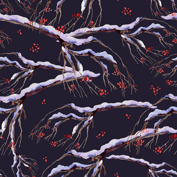 Акварель зимовий безшовний візерунок з гілками дерев, покритими wi — стокове фото
