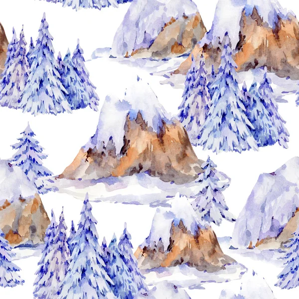 水彩缤纷的冬季无缝图案，高山上覆盖着雪 — 图库照片