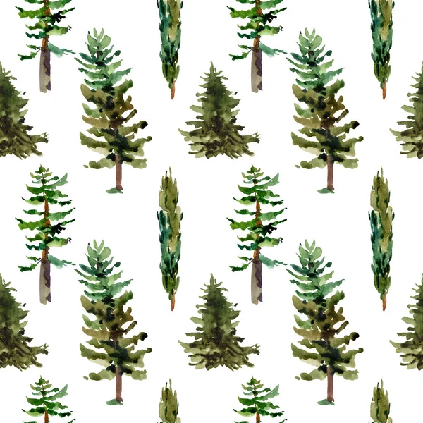 Akvarell természetes erdő zökkenőmentes minta evegreen fák — Stock Fotó