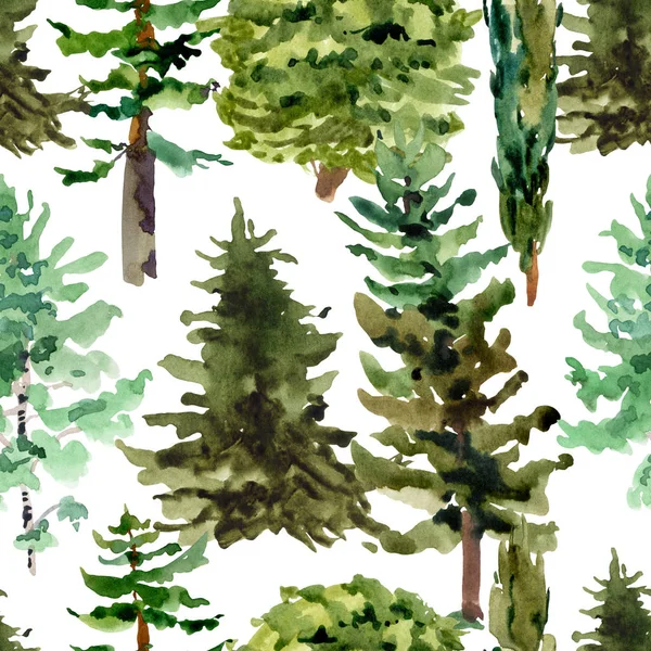 Akvarell természetes erdő zökkenőmentes minta evegreen fák — Stock Fotó