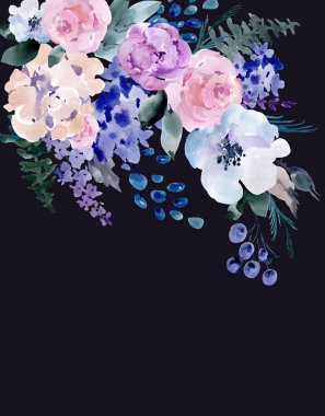 Suluboya Çiçek Kutlama Kartı, Pembe Güller, Ortanca, Lavanta