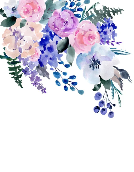 Tarjeta de felicitación floral acuarela, rosas rosadas, hortensias, lavanda —  Fotos de Stock