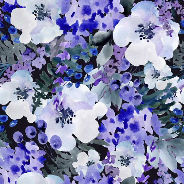Summer Blue akwarela kwiatowy bezszwowy wzór, Bukiet ślubny, — Zdjęcie stockowe