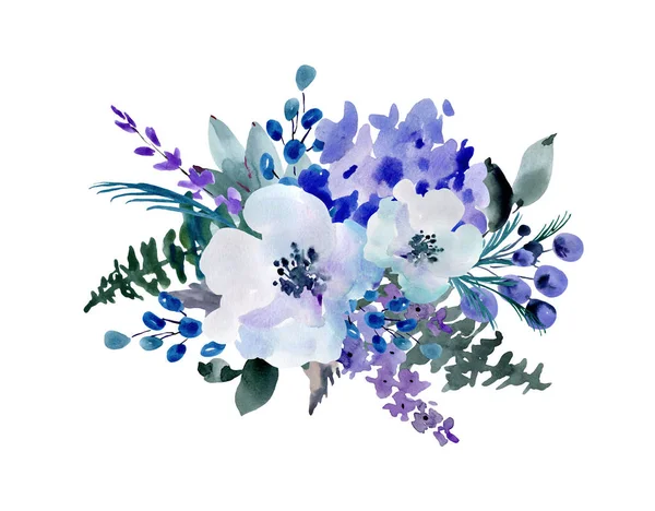 Summer Blue Watercolor Floral Greeting Card, Wedding bouquet, Hy — Stock Photo, Image