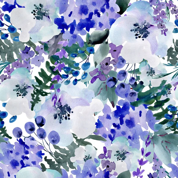 Verano azul acuarela floral patrón sin costuras, ramo de bodas , — Foto de Stock