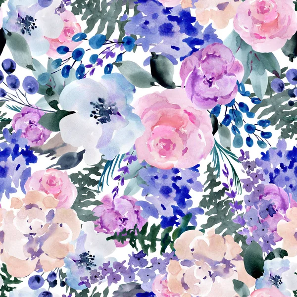 Summer Lilac Watercolor Floral Seamless Pattern, Wedding bouquet — Stock Photo, Image