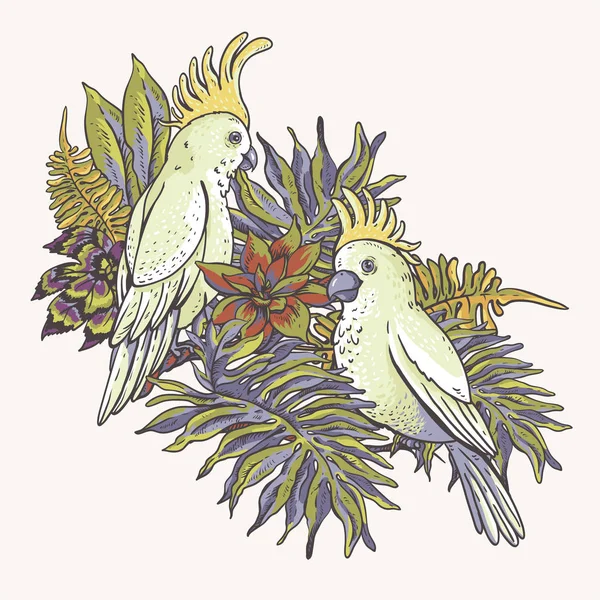 Bloemen tropische natuurlijke collectie. Witte papegaai, begroet groen — Stockvector