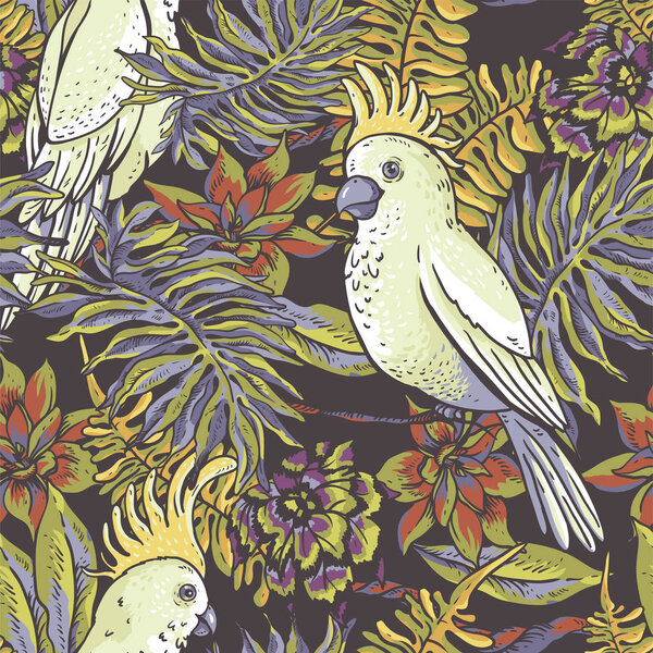 Цветочные тропические природные бесшовные рисунки. Белый попугай, зелень
