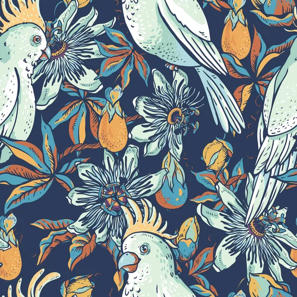 Vintage white parrot, floral natural seamless pattern. Passiflor — Stock Vector