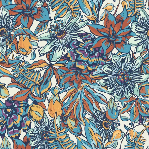 Vintage niebieski tropikalny kwiatowy naturalny bezszwowy wzór. Passiflor — Wektor stockowy