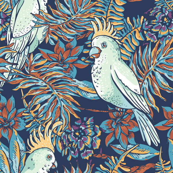Цветочные тропические природные бесшовные рисунки. Белый попугай, зелень
