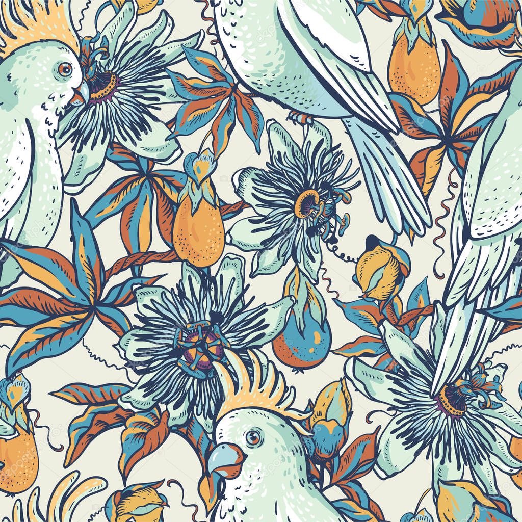 Vintage white parrot, floral natural seamless pattern. Passiflor