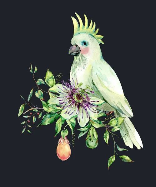 Acquerello Passiflora e pappagallo bianco biglietto di auguri — Foto Stock
