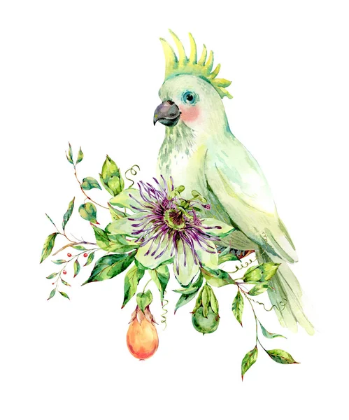Aquarel Passiflora en witte papegaai wenskaart — Stockfoto