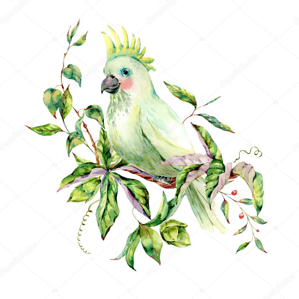Watercolor white parrot summer greeting card with flowers, leave