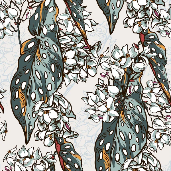 Вінтажний Природний Тропічний Безшовний Візерунок Квітучою Бегонією Макулата Модні Екзотичні — стоковий вектор