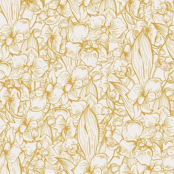Természetes Arany Vektor Zökkenőmentes Mintát Vázlatos Virágzó Orchidea Egzotikus Virágok — Stock Vector