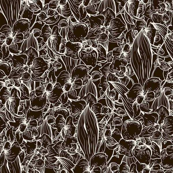 Природний Вектор Безшовний Візерунок Контуром Квітучої Орхідеї Екзотичні Квіти Ботанічна — стоковий вектор