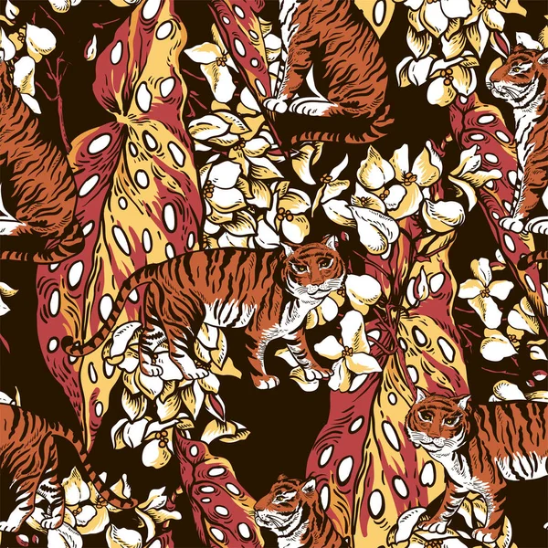 Урожай Квіткового Літа Вектор Тигр Безшовний Візерунок Квітами Бегонії Листям — стоковий вектор
