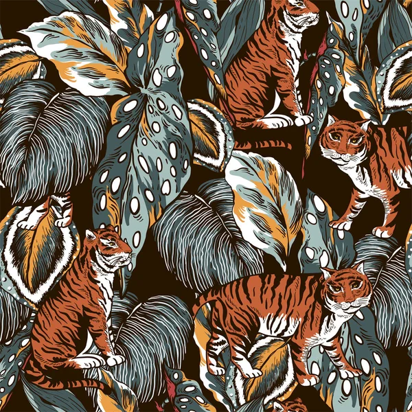 Vector Vintage Tigre Sem Costura Padrão Folhas Tropicais Natural Houselpant —  Vetores de Stock