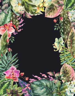 Botanik suluboya yapraklar dikey çerçeve, orkide çiçekleri, siyah arka planda izole edilmiş egzotik doğal bitki örtüsü. El boyası yeşillik tasarım koleksiyonu.