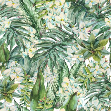 Çiçeksiz suluboya desen, egzotik tropikal yapraklar ve çiçekler, beyaz arka planda doğal çiçek dokusu. El boyaması duvar kağıdı..