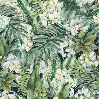 Çiçeksiz suluboya desen, egzotik tropikal yapraklar ve çiçekler, siyah arkaplanda doğal çiçek dokusu. El boyaması duvar kağıdı..