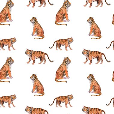 Beyaz arka planda suluboya kaplan deseni var. Hayvan yaban hayatı dokusu. Klasik el yapımı yaz tasarımı duvar kağıdı.