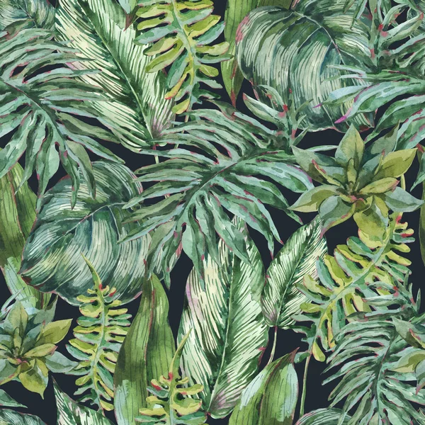 Watercolor greenery seamless pattern, exotic tropical leaves, natural floral texture on black background. Hand painted design wallpaper.