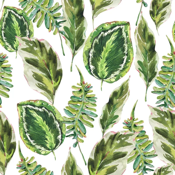 Akvarell Grönska Sömlöst Mönster Exotiska Tropiska Blad Naturlig Blommig Konsistens — Stockfoto