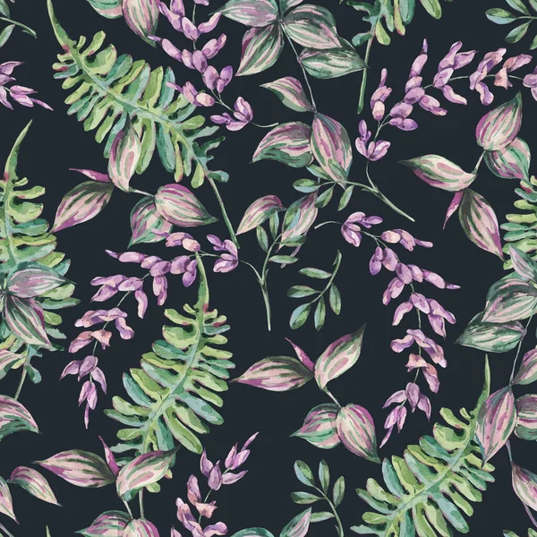 Akvarell Trópusi Zökkenőmentes Minta Páfránylevelekkel Tradescantia Ágakkal Botanikai Természetes Virágos — Stock Fotó