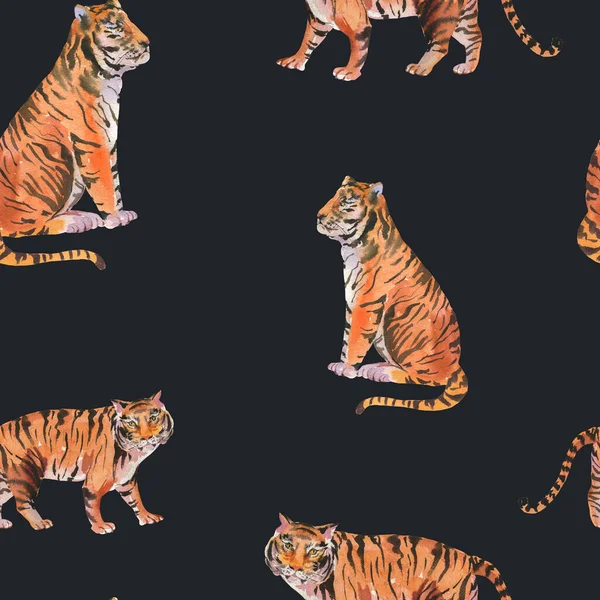 Patrón Sin Costura Tigre Acuarela Sobre Fondo Negro Textura Fauna —  Fotos de Stock