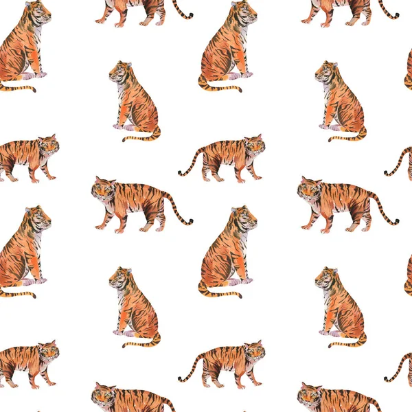 Akvarell Tiger Sömlöst Mönster Vit Bakgrund Djurens Vilda Djur Struktur — Stockfoto