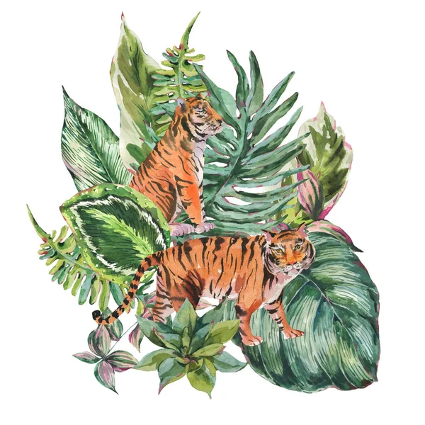 Akvarell Tiger Botaniska Tropiska Blad Gratulationskort Exotisk Naturlig Flora Grön — Stockfoto