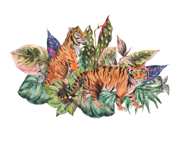 Tigre Aquarela Folhas Tropicais Botânicas Cartão Saudação Flora Natural Exótica — Fotografia de Stock