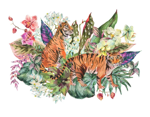 Akvarell Tropisk Djungel Tiger Exotiska Blad Färgglada Blommor Gratulationskort Grön — Stockfoto