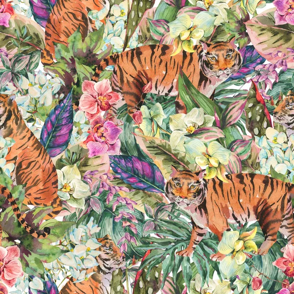 Suluboya tropikal orman, kaplan, egzotik yapraklar, dikişsiz çiçekler. Yeşillik dokusu. Hayvan yaban hayatı duvar kağıdı. 