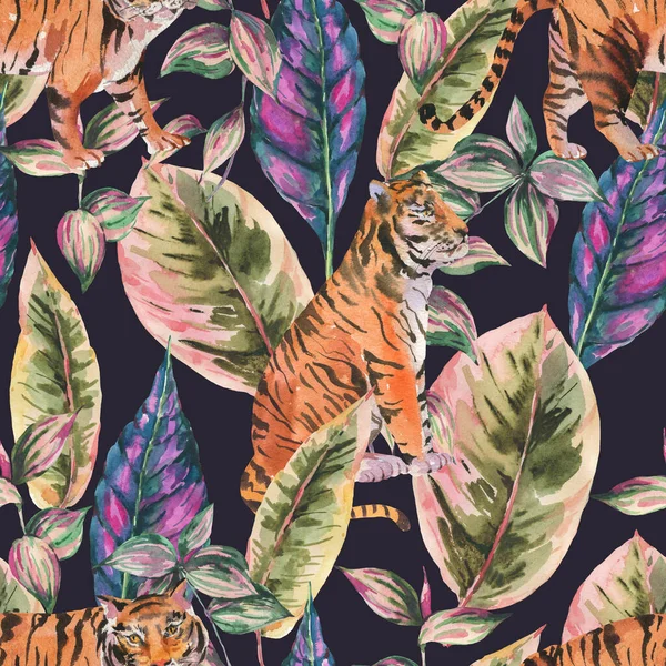 Akvarell Tiger Botaniska Tropiska Blad Sömlösa Mönster Exotisk Naturlig Flora — Stockfoto