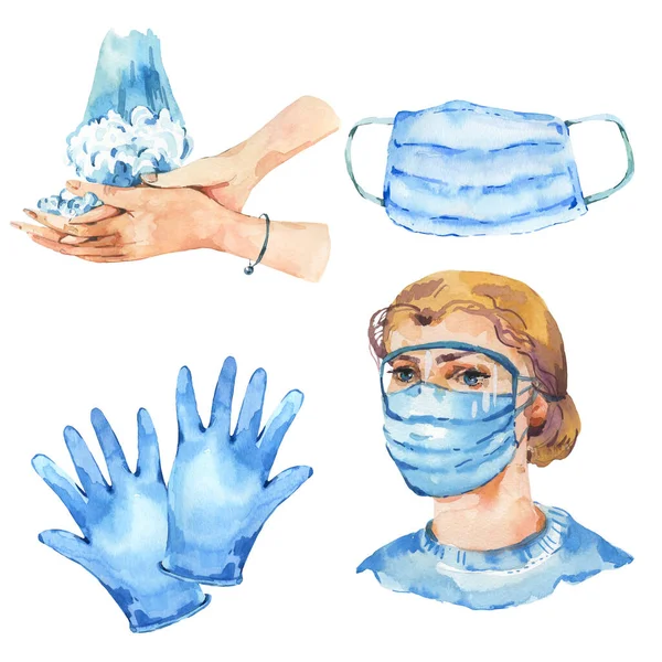Uppsättning Akvarell Medicinsk Utrustning Medicinska Masker Blå Handskar Handtvätt Virusskydd — Stockfoto