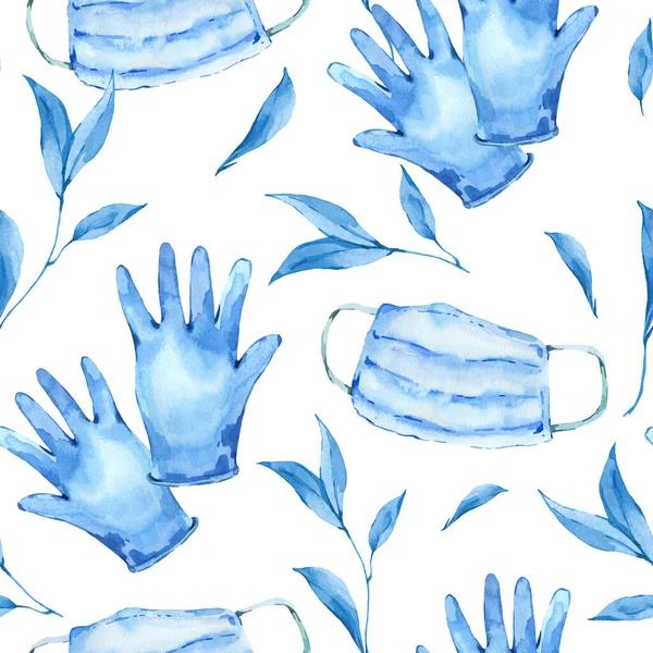 Watercolor medical equipment, Medical masks, blue gloves, seamless pattern, Virus protection  texture on white background