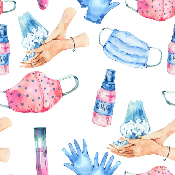 Watercolor medical equipment seamless pattern, Medical masks, blue gloves, hand washing, virus protection texture on white background