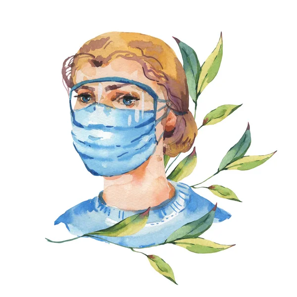 Aquarelle Fille Avec Masque Bleu Médical Équipement Médical Protection Contre — Photo