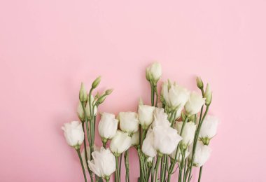 Sevgililer Günü 'nde kalp ve çiçeklerle romantik bir arka plan. Kopya alanı olan Sevgililer Günü kartı. Pembe arka planda çiçekler. Sevgililer Günü tebrik kartı şablonu 14 Şubat